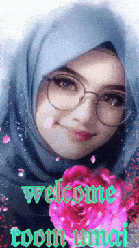 a woman wearing glasses and a hijab is holding a pink rose and the words welcome room umai are on the bottom