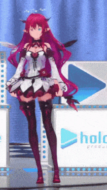 a girl with red hair and horns is standing in front of a holo logo