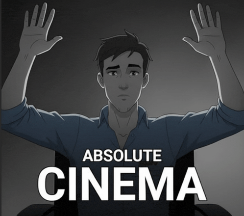 a poster for absolute cinema shows a man sitting in a chair with his hands up