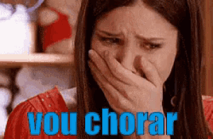 a woman is crying and covering her mouth with her hand and the words vou chorar are written below her