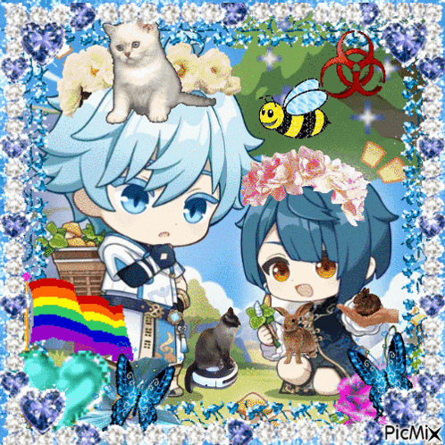a picture of a boy and a girl with a cat and a bee on top
