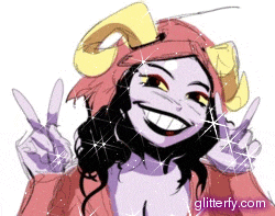 a drawing of a girl with horns giving a peace sign with the website glitterfy.com in the corner