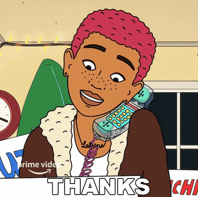 a cartoon of a woman talking on a phone with the words thanks in the bottom right