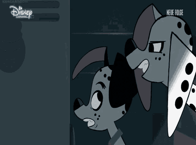 two dalmatian dogs standing next to each other with disney channel written on the bottom