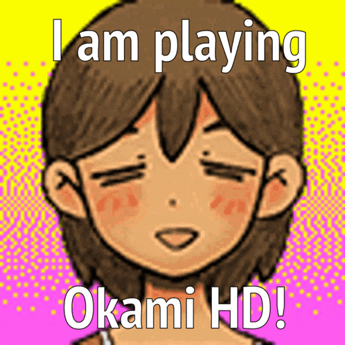a picture of a girl with the words " i am playing okami hd " on the bottom