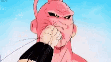 a cartoon drawing of a pink monster with a pencil in its mouth