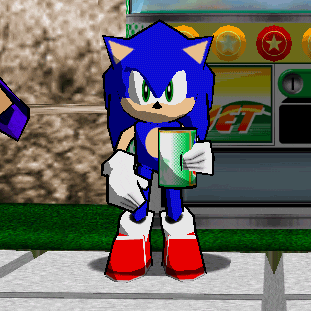 sonic the hedgehog is holding a can of soda in front of a machine that says et