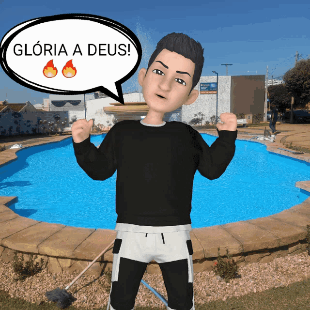 a cartoon man stands in front of a swimming pool with a speech bubble saying gloria a deus