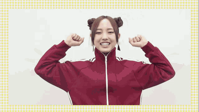 a woman in a red jacket is smiling and wearing headphones with the words morning days happy holiday in the corner
