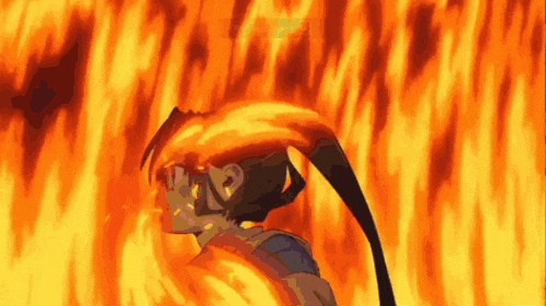a cartoon character is surrounded by flames in a video game scene
