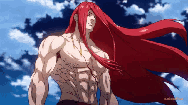 a shirtless anime character with long red hair stands in front of a cloudy sky