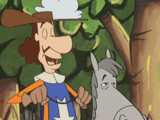 a cartoon character is standing next to a horse