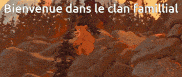 a cartoon bear is jumping over a waterfall with the words bienvenue dans le clan familial