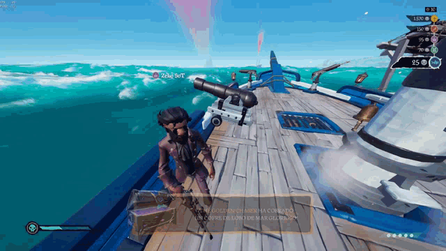 a screenshot of a video game shows a man with a cannon on a boat