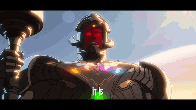 a cartoon character holding a torch with the words it is written on his chest