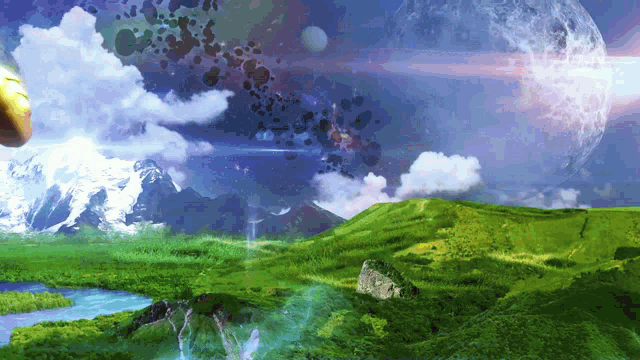 a painting of a landscape with mountains and a planet in the sky