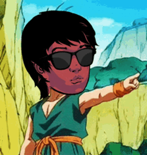 a cartoon character wearing sunglasses and a green shirt