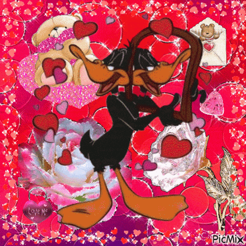 a picture of a duck holding a cane with hearts surrounding it