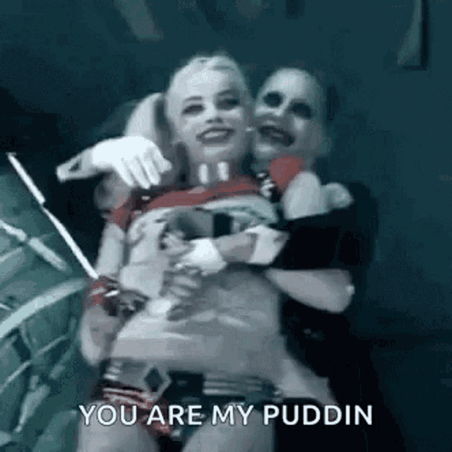 harley quinn and the joker are hugging each other in the dark .