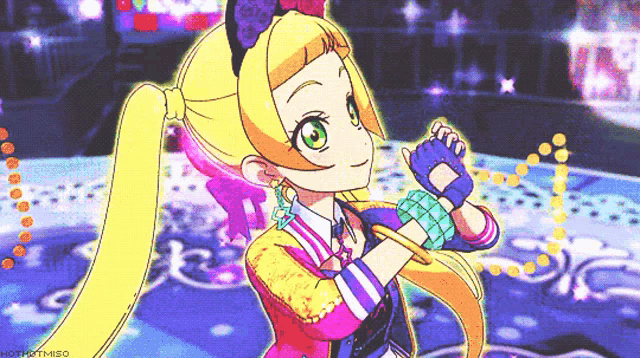 a colorful anime girl with a ponytail and green eyes is dancing