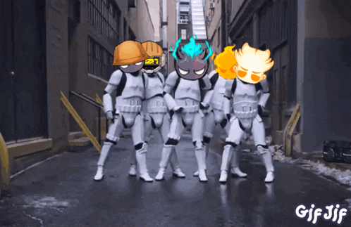 a group of stormtroopers are dancing on a street with gif jif written on the bottom right