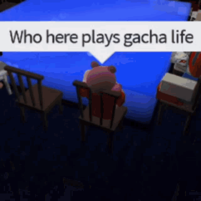 a cartoon character is sitting in a chair in front of a bed with the words who here plays gacha life above it