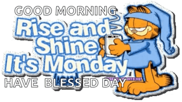 a cartoon of garfield holding a cup of coffee with the words good morning rise and shine it 's monday have blessed day