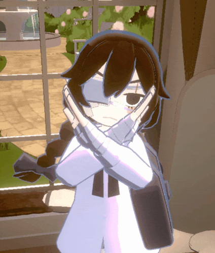 a cartoon character making a stop sign with her arms crossed in front of a window