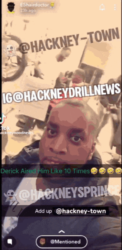 a screenshot of a man 's face with the words hackney-town on the bottom