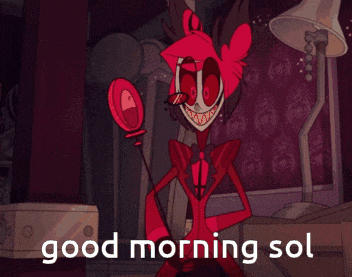 a cartoon character with the words " good morning sol " on the bottom