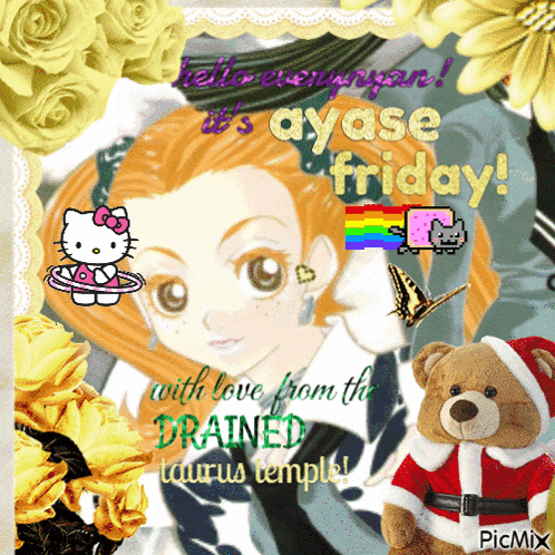 a picture of a girl with a hello kitty and a teddy bear says ayase friday