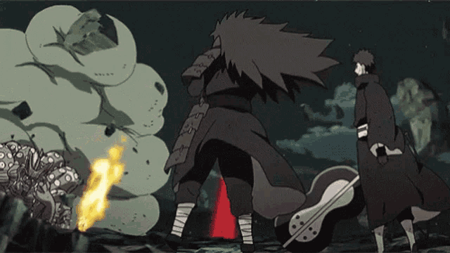 a couple of anime characters standing next to each other with a fire in the background