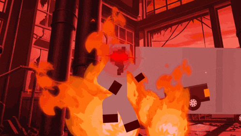 a cartoon drawing of a building on fire with a car in the background