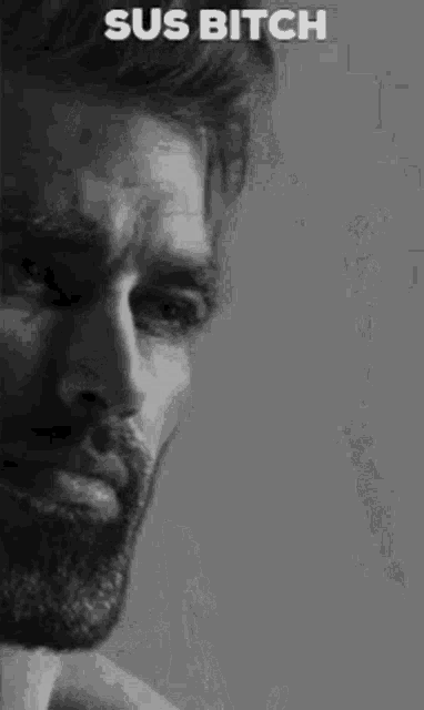a black and white photo of a man with a beard and the words `` sus bitch '' on the bottom .