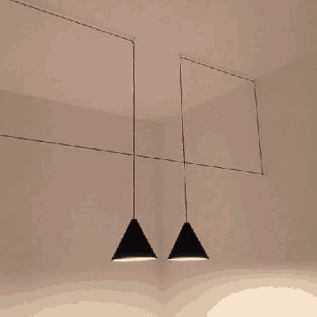 a pair of black pendant lights hanging from the ceiling in a room .