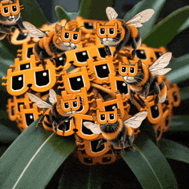a bunch of bees are sitting on a green leaf