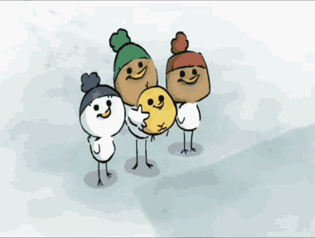 a group of cartoon characters wearing hats and holding a yellow smiley face