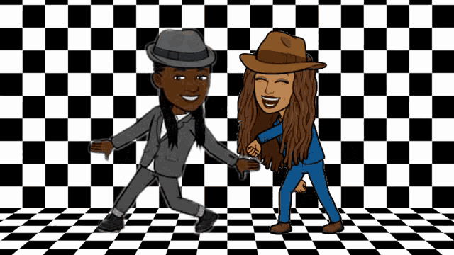 two cartoon characters are dancing in front of a checkered floor