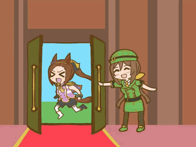 a cartoon of two girls standing next to each other in a room
