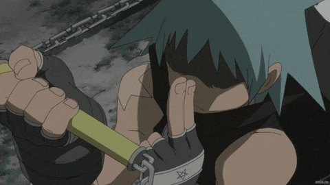a cartoon character is holding a yellow stick with a chain around his wrist