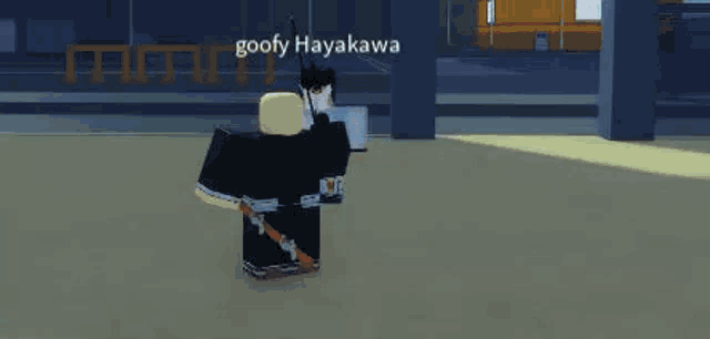 a cartoon character is holding a sword in a video game while standing in a parking lot .
