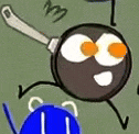 a cartoon character with arms and legs is holding a frying pan over a blue object .