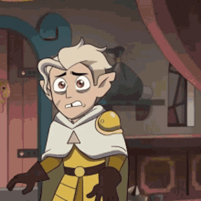 a cartoon character is standing in a room wearing a cape .
