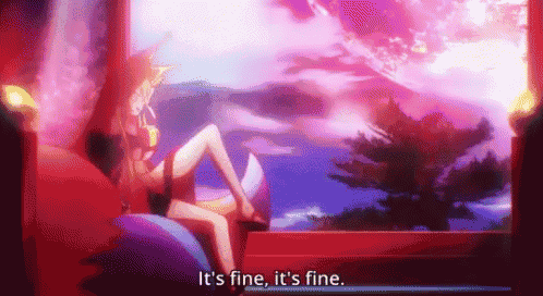 a woman is sitting in front of a window with the words `` it 's fine , it 's fine '' .