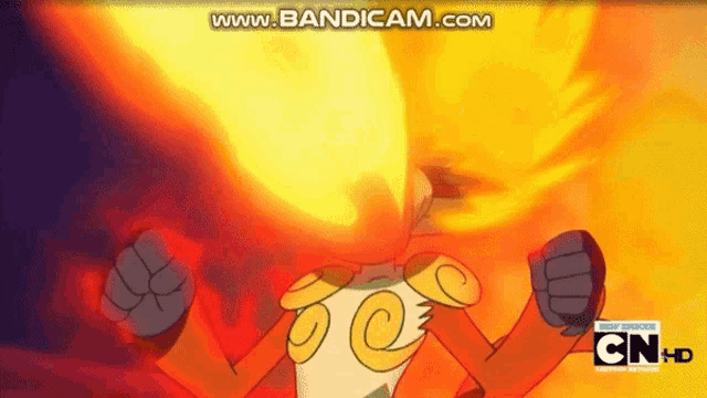 a cartoon character with flames coming out of his head and the words cnhd on the bottom