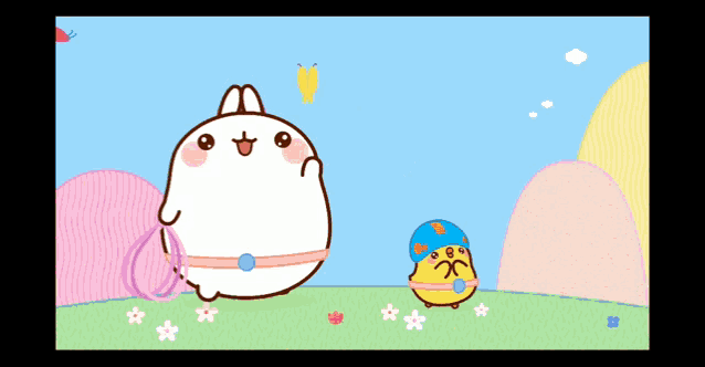 a cartoon drawing of a rabbit and a chicken with balloons in the background