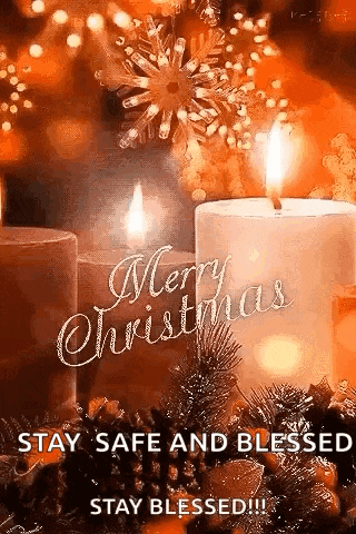 a merry christmas greeting card with candles , pine cones , and a snowflake .