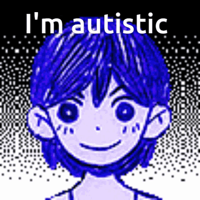 a pixel art of a boy with blue hair and the words " i 'm autistic " above him