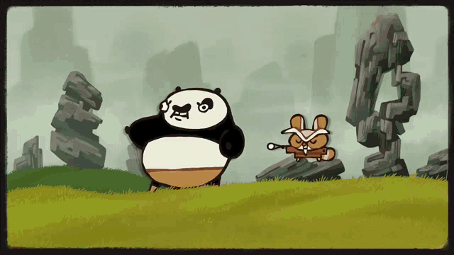 a cartoon of a panda and a rabbit standing in the grass