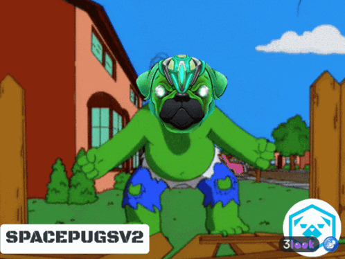 a cartoon of a pug dressed as the hulk with spacepugsv2 on the bottom